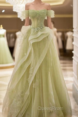 A-Line Off Shoulder Green Lace Long Evening Prom Dresses, Green Formal Dresses