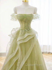 A-Line Off Shoulder Green Lace Long Evening Prom Dresses, Green Formal Dresses