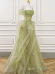 A-Line Off Shoulder Green Lace Long Evening Prom Dresses, Green Formal Dresses