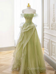 A-Line Off Shoulder Green Lace Long Evening Prom Dresses, Green Formal Dresses
