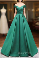 A-Line Off Shoulder Green Satin Long Evening Prom Dresses, Green Evening Dresses