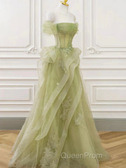 A Line Off Shoulder Green Tulle Long Evening Prom Dresses