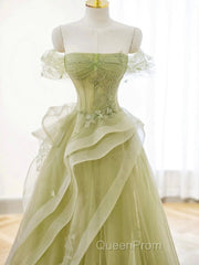 A Line Off Shoulder Green Tulle Long Evening Prom Dresses