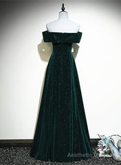 A-line Off Shoulder Green Velvet Simple Party Dress, Green Prom Dress Formal Dress
