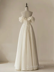 A-Line Off Shoulder Ivory Satin Long Evening Prom Dresses, Ivory Long Formal Dresses