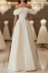 A-Line Off Shoulder Ivory Satin Long Evening Prom Dresses, Ivory Long Formal Dresses