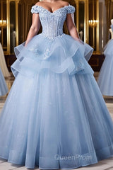A-Line Off Shoulder Lace Tulle Blue Long Evening Prom Dresses, Blue Sweet 16 Dresses