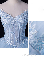 A-Line Off Shoulder Lace Tulle Blue Long Evening Prom Dresses, Blue Sweet 16 Dresses