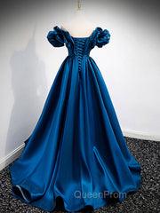 A-Line Off Shoulder Satin Blue Long Evening Prom Dresses, Blue Evening Dresses
