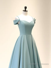 A-Line Off Shoulder Satin Blue Long Prom Dress, Blue Long Evening Dress