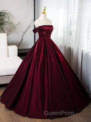 A-Line Off Shoulder Satin Burgundy Long Evening Prom Dresses, Burgundy Evening Dresses With Beads