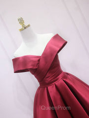 A-Line Off Shoulder Satin Burgundy Short Evening Prom Dresses, Burgundy Homecoming Dresses