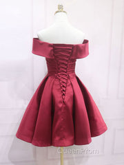 A-Line Off Shoulder Satin Burgundy Short Evening Prom Dresses, Burgundy Homecoming Dresses