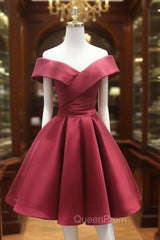 A-Line Off Shoulder Satin Burgundy Short Evening Prom Dresses, Burgundy Homecoming Dresses