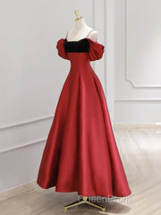 A-Line Off Shoulder Satin Dark Red Long Evening Prom Dresses, Red Long Formal Dresses