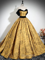 A-Line Off Shoulder Satin Gold Long Evening Prom Dresses, Gold Long Formal Dresses