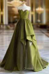 A-Line Off Shoulder Satin Green Long Evening Prom Dresses, Green Formal Dresses