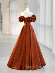 A-Line Off Shoulder Satin Orange Long Evening Prom Dresses, Orange Evening Dresses