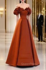 A-Line Off Shoulder Satin Orange Long Evening Prom Dresses, Orange Evening Dresses