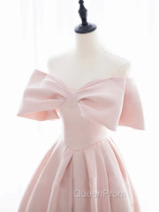 A-Line Off Shoulder Satin Pink Short Evening Prom Dresses, Pink Homecoming Dresses