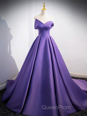 A-Line Off Shoulder Satin Purple Long Evening Prom Dresses, Purple Long Evening Dresses