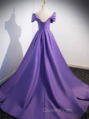 A-Line Off Shoulder Satin Purple Long Evening Prom Dresses, Purple Long Evening Dresses