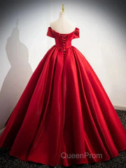 A-Line Off Shoulder Satin Red Ballgown Long Evening Prom Dresses Evening Dresses Floor Length