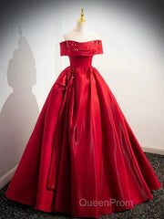 A-Line Off Shoulder Satin Red Ballgown Long Evening Prom Dresses Evening Dresses Floor Length