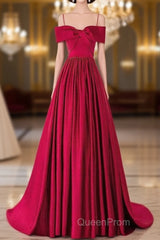 A-Line Off Shoulder Satin Red Long Evening Prom Dresses, Red Evening Dresses