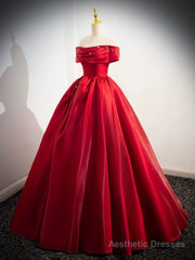 A-Line Off Shoulder Satin Red Long Prom Dress, Red Long Evening Dress