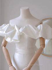 A-Line Off Shoulder Satin White Long Evening Prom Dresses, White Long Party Dresses