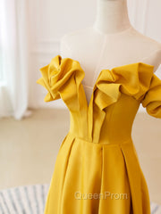 A-Line Off Shoulder Satin Yellow Long Evening Prom Dresses, Yellow Evening Dresses