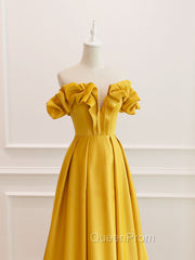 A-Line Off Shoulder Satin Yellow Long Evening Prom Dresses, Yellow Evening Dresses