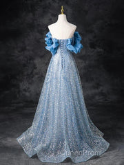 A-Line Off Shoulder Sequin Beads Blue Long Evening Prom Dresses Sparkly Evening Dresses