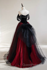 A-Line Off Shoulder Tulle Black/Burgundy Long Evening Prom Dresses