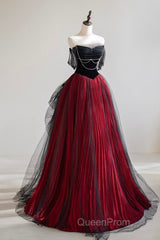 A-Line Off Shoulder Tulle Black/Burgundy Long Evening Prom Dresses