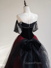 A-Line Off Shoulder Tulle Black/Burgundy Long Evening Prom Dresses