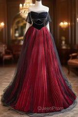 A-Line Off Shoulder Tulle Black/Burgundy Long Evening Prom Dresses
