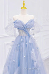 A-Line Off Shoulder Tulle Blue Long Evening Prom Dresses, Blue Long Formal Dresses