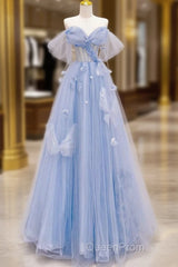 A-Line Off Shoulder Tulle Blue Long Evening Prom Dresses, Blue Long Formal Dresses