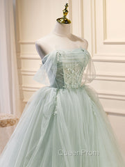 A-Line Off Shoulder Tulle Green Long Evening Prom Dresses, Green Evening Dresses with Beading