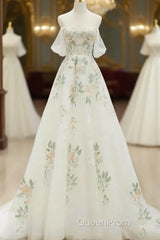 A-Line Off Shoulder Tulle Lace Applique White Long Evening Prom Dresses, White Long Formal Dresses