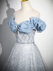 A-Line Off Shoulder Tulle Lace Beads Blue Long Evening Prom Dresses, Blue Long Formal Dresses