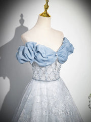 A-Line Off Shoulder Tulle Lace Beads Blue Long Evening Prom Dresses, Blue Long Formal Dresses