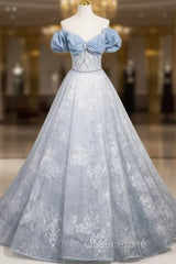 A-Line Off Shoulder Tulle Lace Beads Blue Long Evening Prom Dresses, Blue Long Formal Dresses