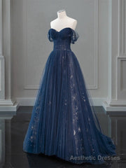 A-Line Off Shoulder Tulle Lace Dark Blue Long Prom Dress