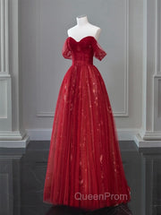 A-Line Off Shoulder Tulle Lace Dark Red Long Evening Prom Dresses