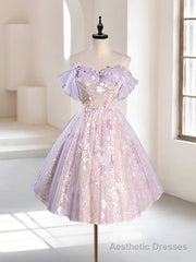 A-Line Off Shoulder Tulle Lace Purple Short Prom Dress, Cute Purple Homecoming Dress
