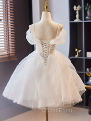 A-Line Off Shoulder Tulle Lace Short Evening Prom Dresses, White Homecoming Dresses