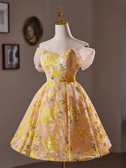 A-Line Off Shoulder Tulle Lace Short Yellow Evening Prom Dresses, Yellow Homecoming Dresses